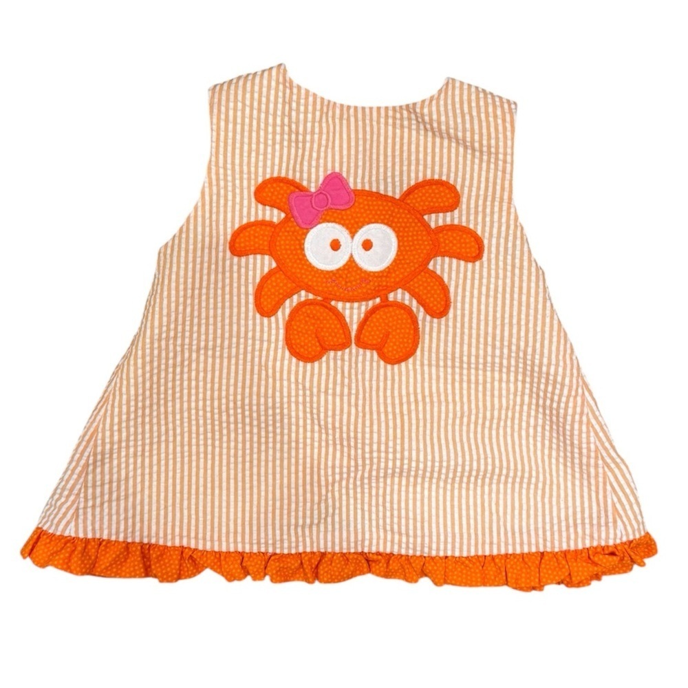 The Bailey Boys Appliqué Crab Orange and White Seersucker Top Button Back Ruffle
